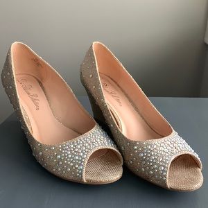 Embellished champagne gold wedge pumps